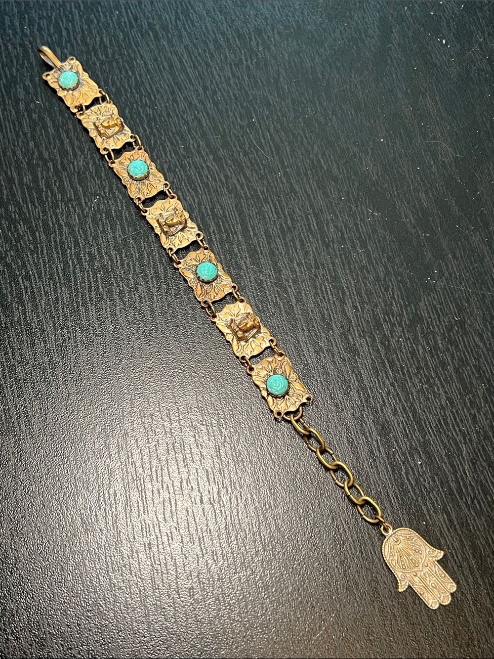 Vintage Czech Turquoise Blue Glass Egyptian Revival Etruscan Gold Panel Bracelet - Picture 11 of 12